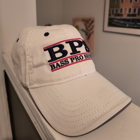 BPS Bass Pro Shops White, Blue and Red highlights and stitched adjustable Hat - Picture 3 of 5